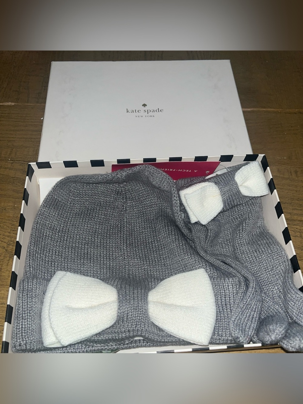 Kate Spade Women's Gray & White Winter Beanie Hat and Gloves W/ Bow Set